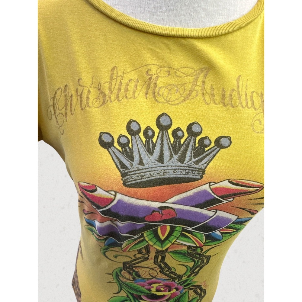 Christian Audigier Y2K Graphic Tee Leopard Crown Wings Yellow Top M Tattoo Art - Picture 9 of 16
